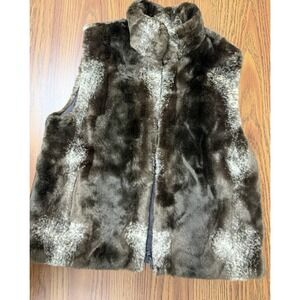 Giacca Gallery Company Women Faux Fur Reversible Vest Large Brown Zip Pockets